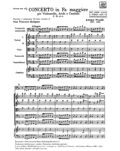 Concerto In Fa Maggiore RV 410 F III N 17 Tomo 243 Full Score Sheet