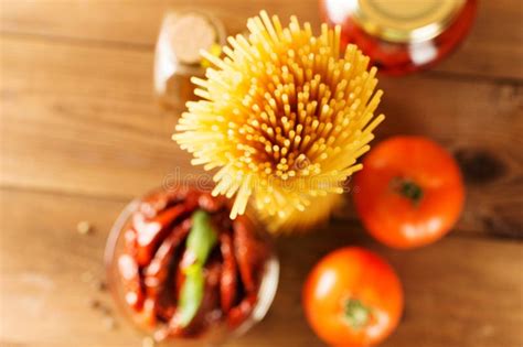 Italian Spaghetti With Ingredients For Cooking Pasta Top View Stock