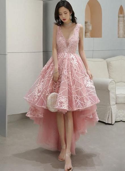 Pink V Neckline Tulle Lace High Low Party Dress Pink Formal Dress Hom