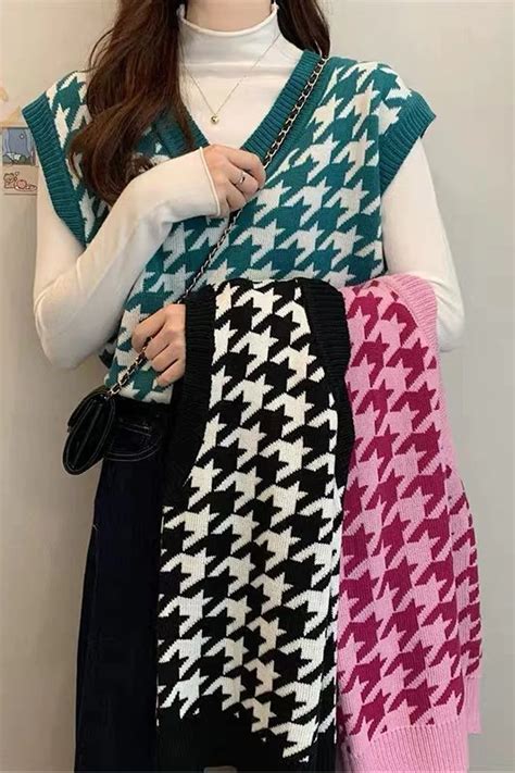 3 Colors Houndstooth Pattern Retro Vest Sweater Winter Fashion