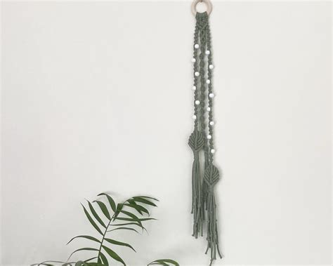 Handmade Green Macrame Hanging Decoration With White Beads