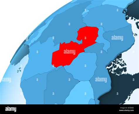 Zambia In Red On Blue Model Of Political Globe With Transparent Oceans