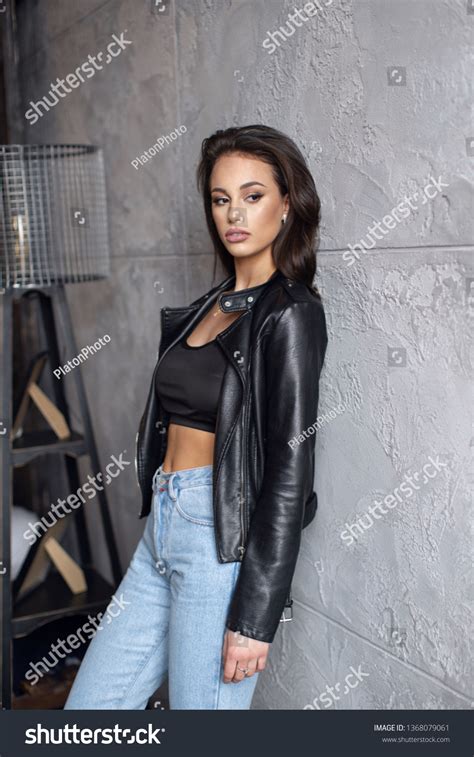 Sexy Beautiful Brunette Leather Jacket Jeans Stock Photo Shutterstock