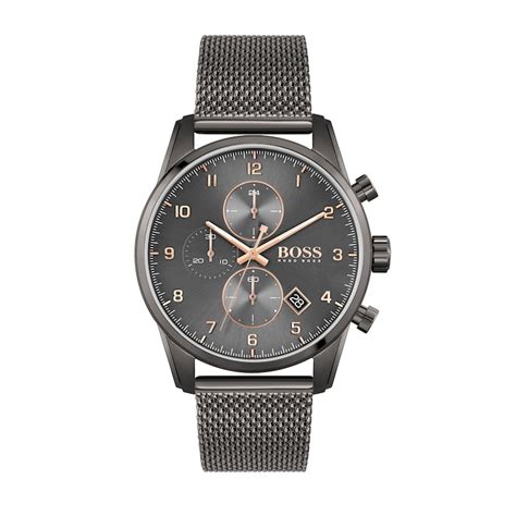 Mens Hugo Boss Skymaster Gunmetal Grey Ip Chronograph Mesh Watch With