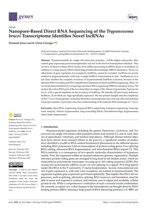 PDF Nanopore Based Direct RNA Sequencing Of The Trypanosoma Brucei