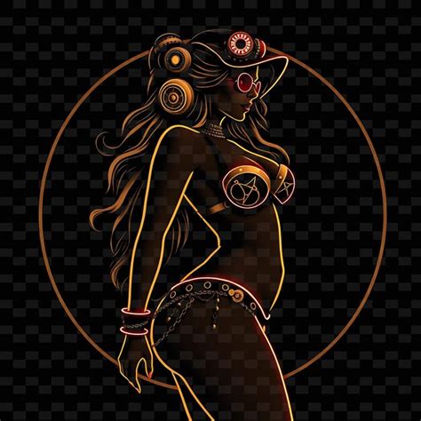 Curvy Woman In Bikini Neon Steampunk Art Design With Bronze And Metallic Theme Decorated With
