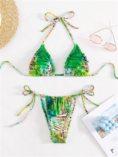 SHEIN Swim Vcay Bañador bikini con estampado triángulo con cordón