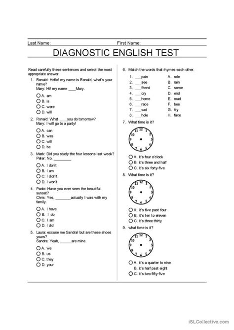 Diagnostic Test English ESL Worksheets Pdf Doc