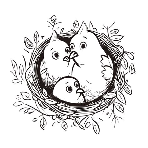 Two Chicks In The Nest And A Leaf On Leaf Vector Hand Drawn