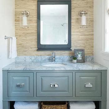 Gray Washstand With Tan Raffia Wallpaper Bathroom Countertops