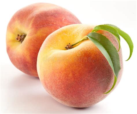 Ripe Peach Fruit With Green Leafs Isolated Stock Photo Image Of