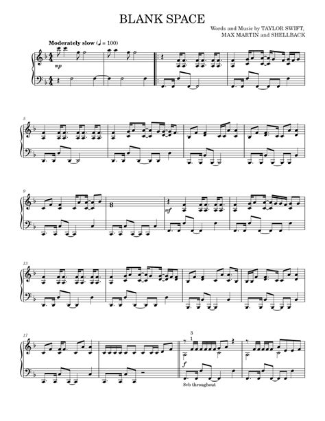 Blank Space Sheet Music For Piano By Taylor Swift Official