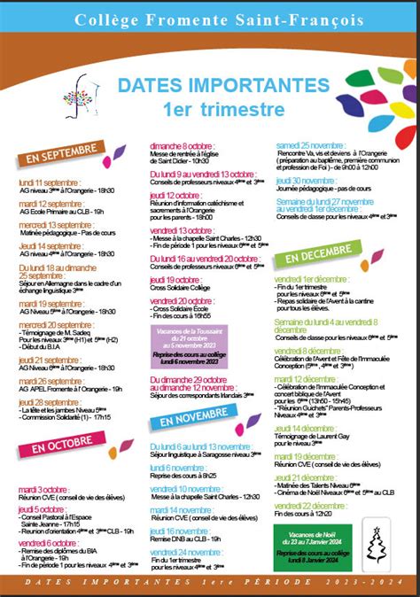 Calendrier de l année Collège Fromente Saint François