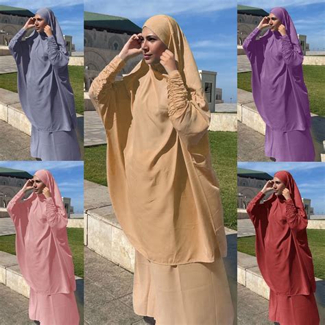 Eid Hooded Muslim Women Overhead Hijab Two Piece Dress Skirt Prayer