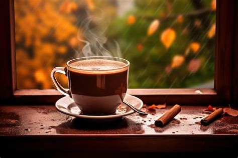Premium AI Image A Steaming Cup Of Hot Chocolate On A Windowsill With Raindrops And Fall