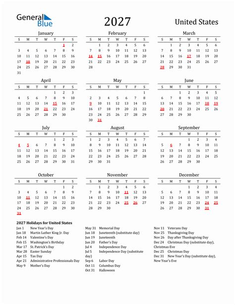 Free United States Holidays Calendar For Year 2027