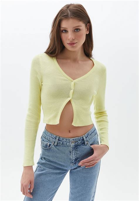 Yellow Crop Cut Knitwear Cardigan Online Shopping Oxxoshop