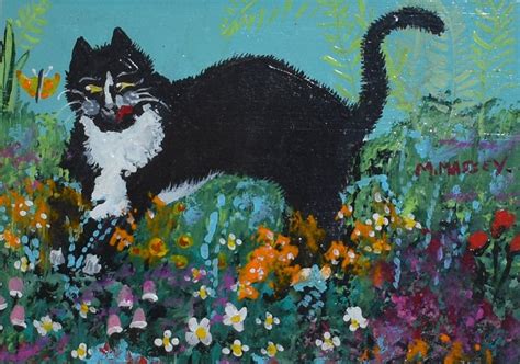 Vintage Folksy Oil Painting Of Cat In Flower Field Signed Etsy