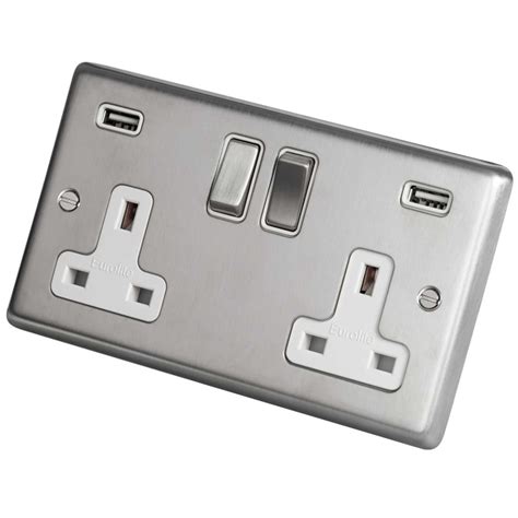 Eurolite A Gang Switched Socket Twin Usb Metal White Insert Satin