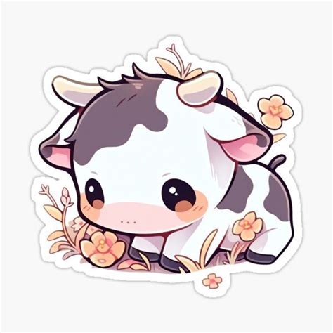 Cute Cottagecore Baby Cow Playing In The Summer Flowers Sticker For