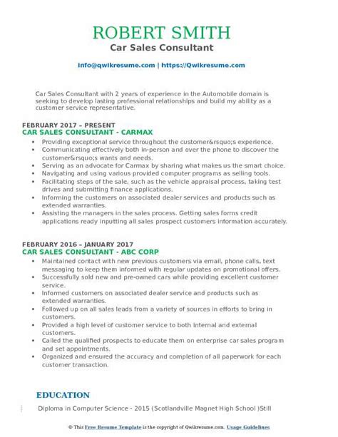 10 Car Sales Consultant Resume Samples And Templates For 2025