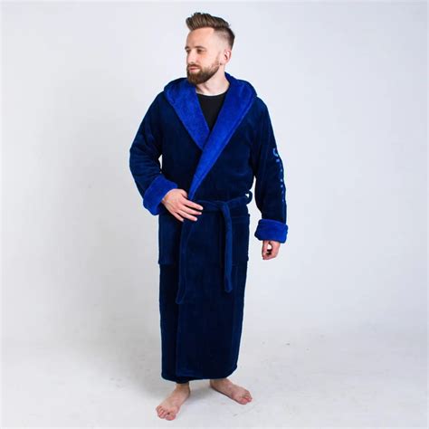 Халат мужской махровый длинный с капюшоном синий с васильковым ...