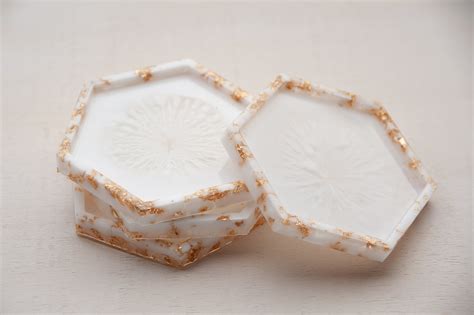 White Resin Coasters With Gold Leaf Resin Coasters Set White Etsy