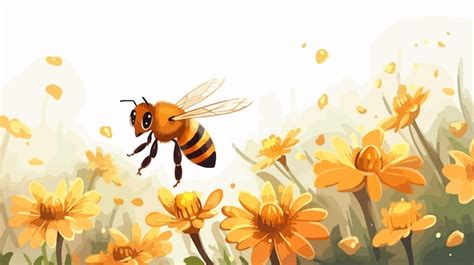 Cute Cartoon Honey Bee Buzzing In Vibrant Flowers Illustration