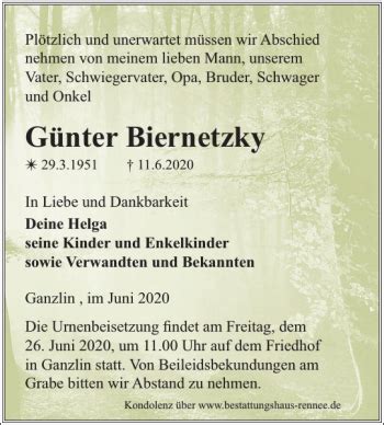 Traueranzeigen Von G Nter Biernetzky Trauer Nordkurier