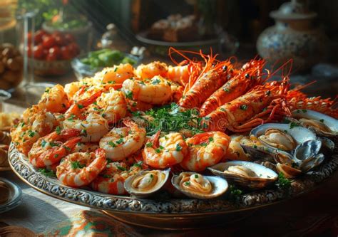 Seafood Platter With Rich Assortment Of Fresh Crustaceans Oysters