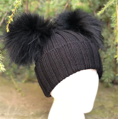 Ribbed Black Wool Beanie Hat Raccoon Fur Pom Poms Double Two Pom