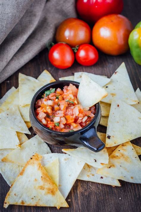 Hot Mexican Salsa Spicy Dip With Nachos Chips From Corn Stock Photo