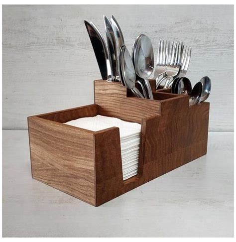 Cutlery And Napkin Holder Table Caddy Wooden Kitchen Organizer Oak