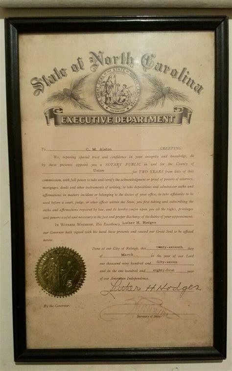 State Of Nc Notary Public Certificate 1957 Monroe Nc Union County Cm