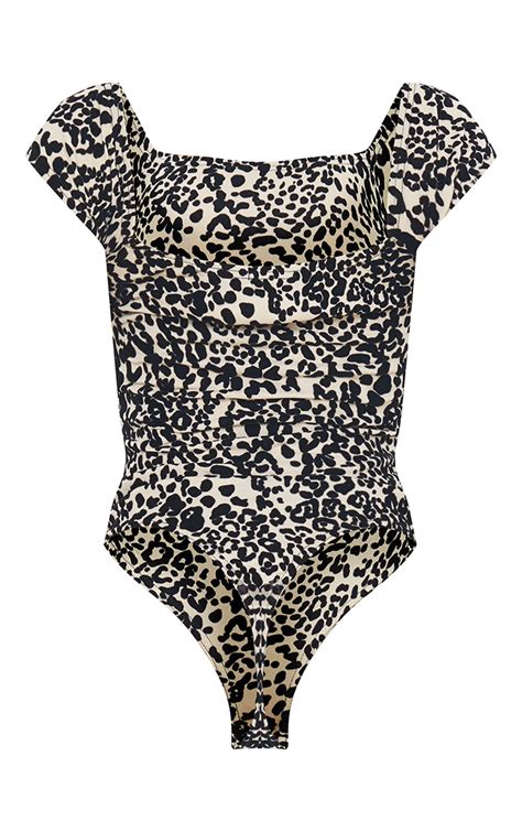 Tan Leopard Print Flocking Bodysuit Tops Prettylittlething Usa