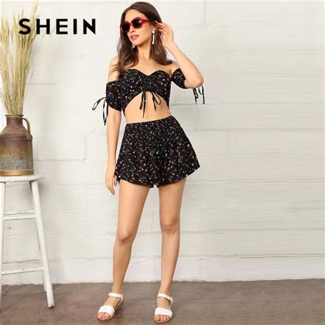 Buy Shein Black Boho Off Shoulder Drawstring Ruched