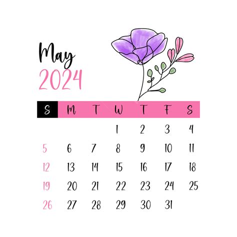 May 2024 Floral Monthly Calendar Vector May Month Calendar Floral