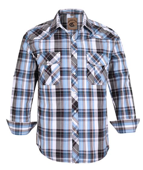 Coevals Club Mens Western Cowboy Long Sleeve Pearl Snap Plaid Work Shirts Light Blue Gray 10