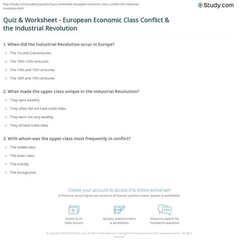 Quiz And Worksheet European Economic Class Conflict And The Industrial