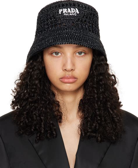 Prada Black Woven Bucket Hat SSENSE Canada