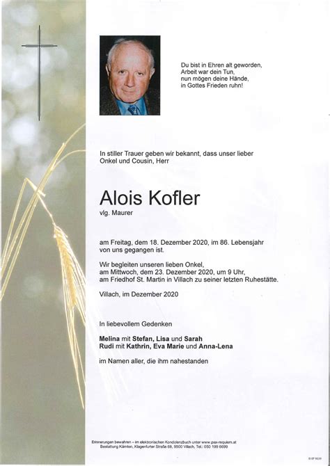 Parte für Alois Kofler pax requiem