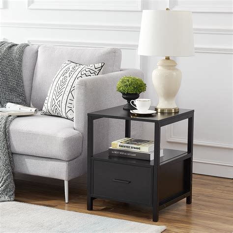 Vecelo Modern End Table With 1 Drawer And Shelf Black Nightstand Accent