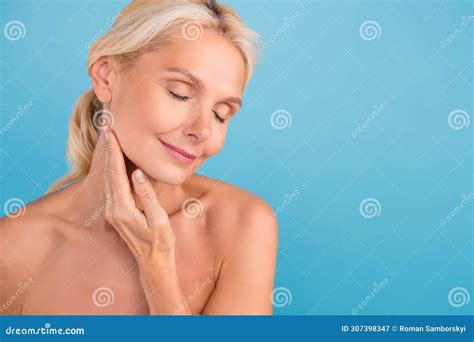 Photo Of Adorable Sweet Senior Woman Nude Shoulders Apply Cheeks