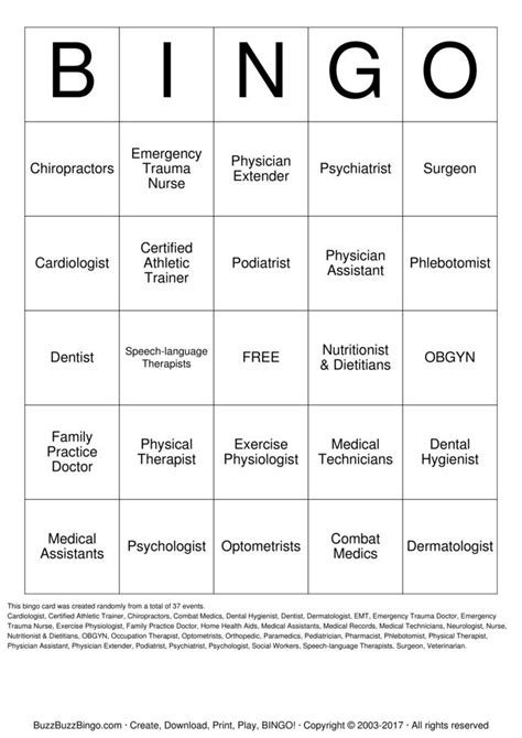 Health Care Careers Bingo Cards To Download Print And Customize