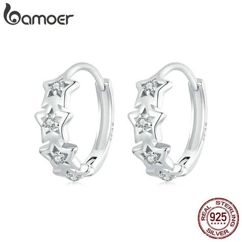 BAMOER 925 Sterling Silver Star Shaped Earrings Stackable Star CZ Ear