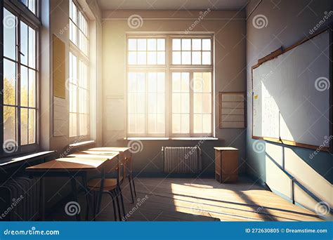 Empty School Classroom With View Out The Window Of The Sunny Day Outside Stock Illustration