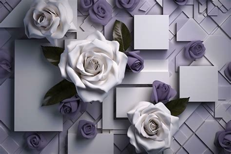 3d Mural Modern Wallpaper Purple Rose Flowers With Squares And Decorative Background Modern