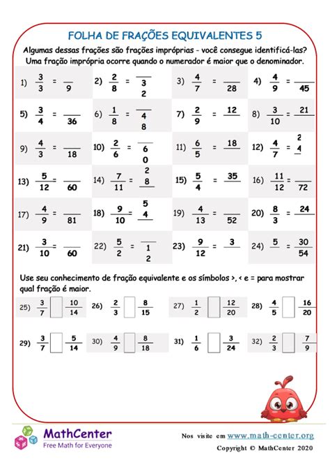 Quinto Ano Planilhas Equivalência De Frações Math Center