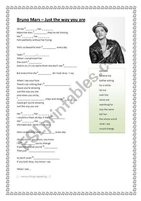 Bruno Mars Just The Way You Are ESL Worksheet By Hefnerka