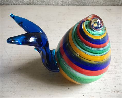 Murano Art Glass Snail Paperweight Figurine With Swirled Red Green Yellow Cobalt Blue Glass